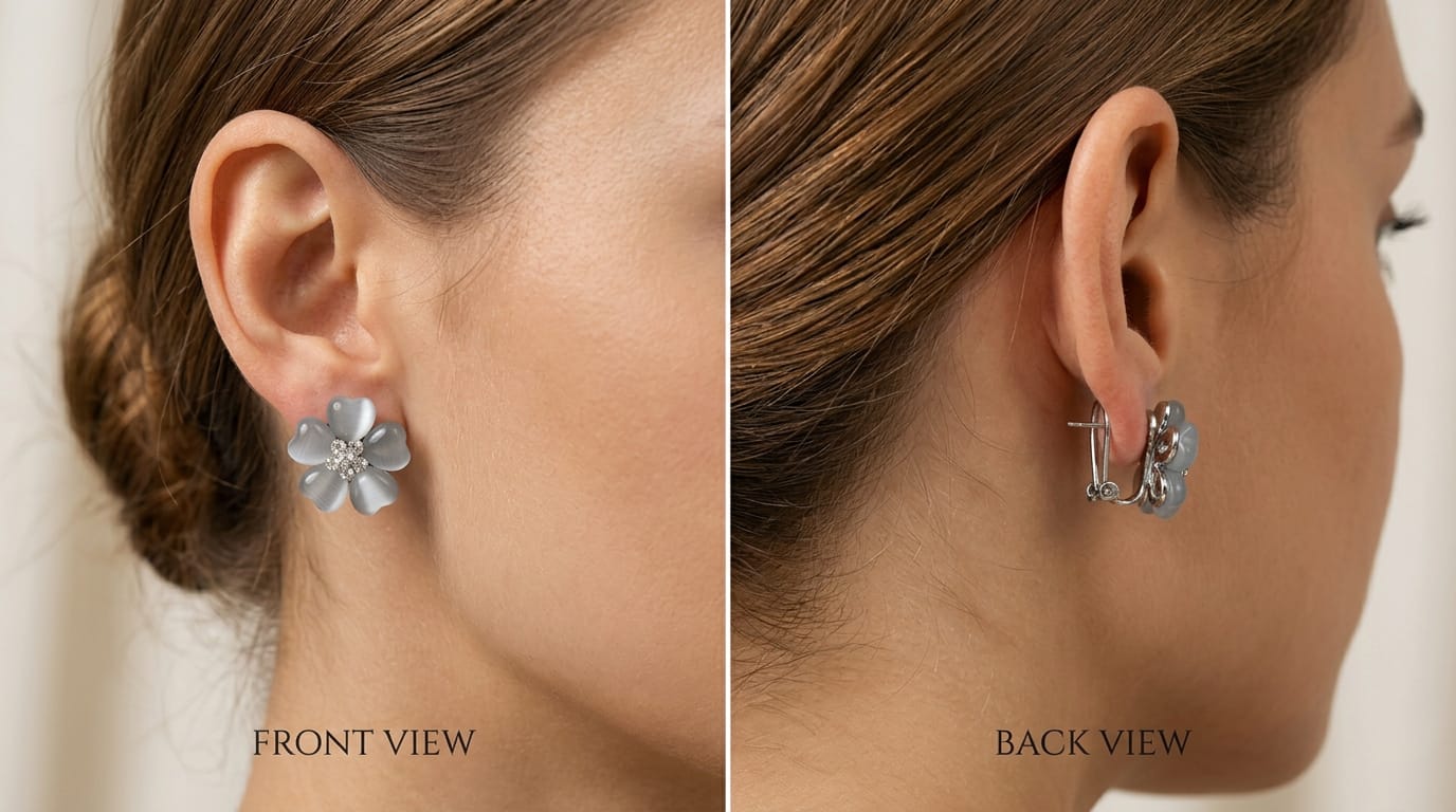 Serinara Midnight Petal Studs – Cat-Eye Floral Earrings with Forever-Silver Finish - Image 2
