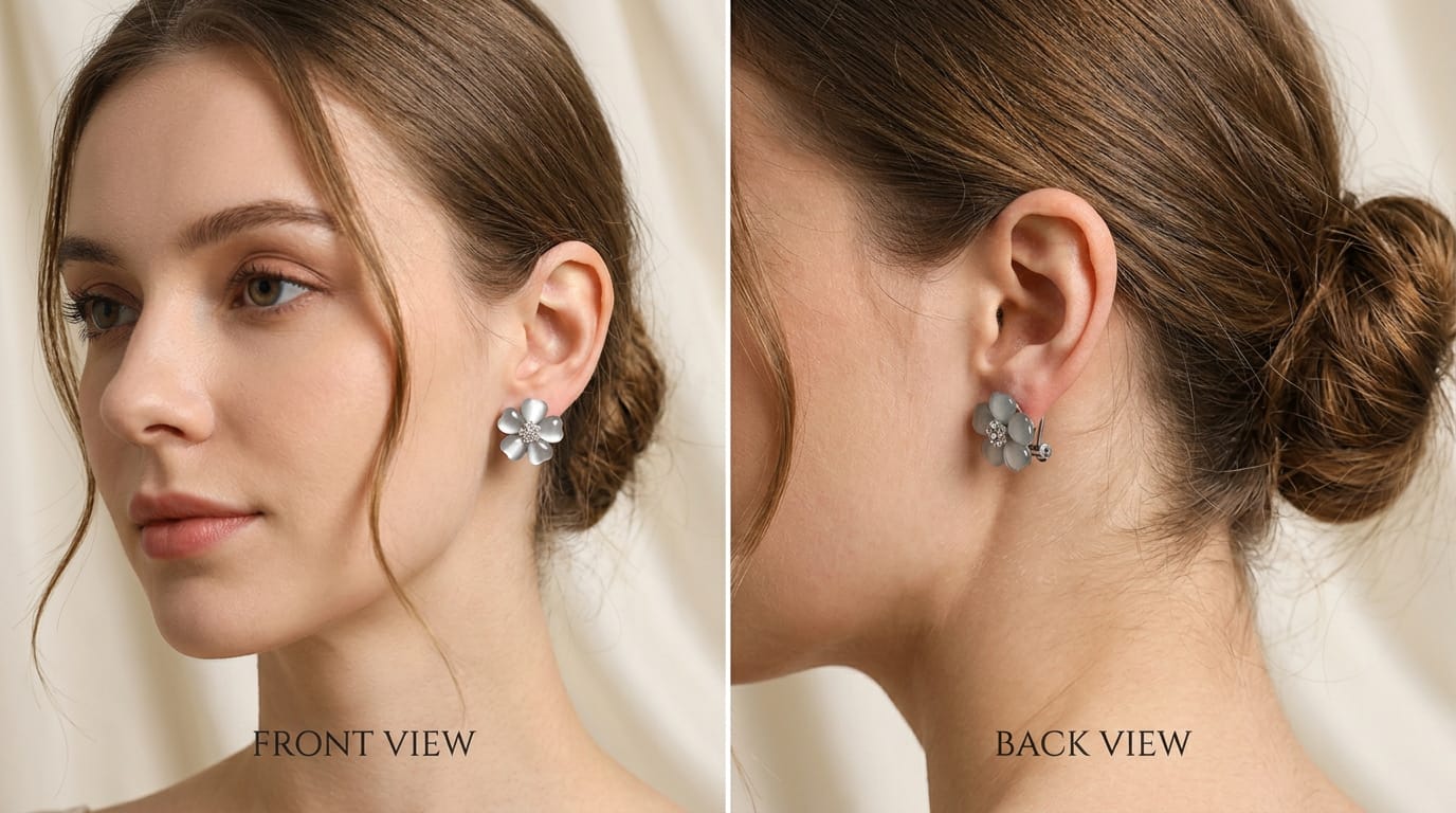Midnight Petal grey cat-eye floral earrings for women - front and back view.