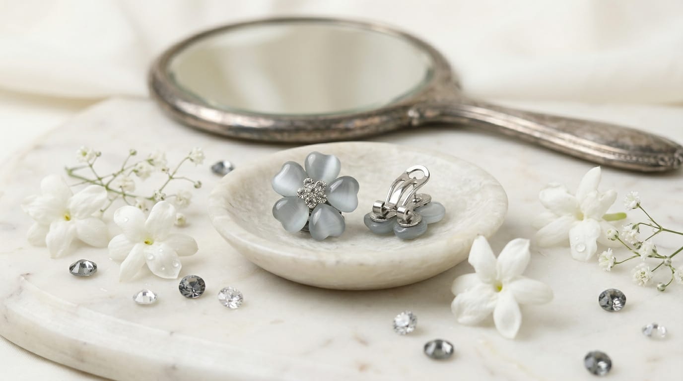 Midnight Petal grey cat-eye floral earrings for women - front and back view.