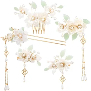 Camellia Flower Tassel Hair Pin Set Retro Bridal Headpiece 5Pcs