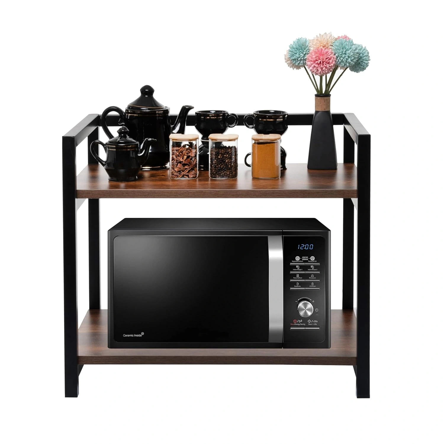 2 Layer Microwave Stand on Kitchen Platform with engineered wood shelf