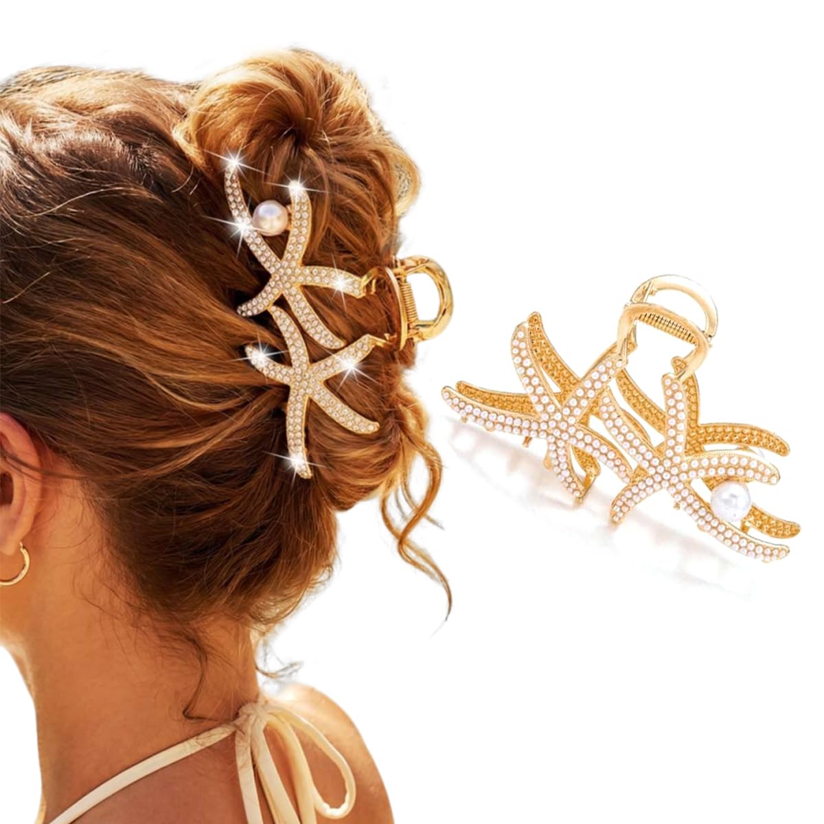 Gold Metal Starfish Hair Claw Clip with Rhinestones and Pearls