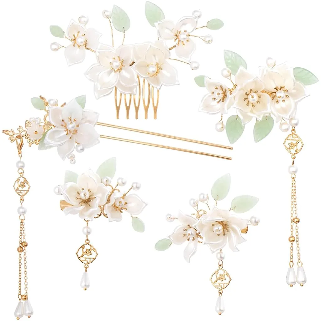 Camellia Flower Tassel Hair Pin Set in bridal updo hairstyle close up view