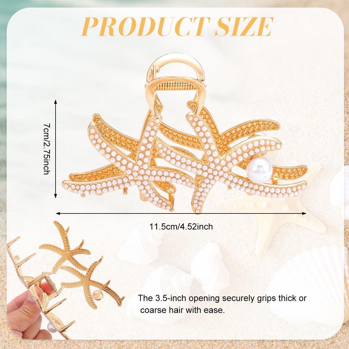 Gold Metal Starfish Hair Claw Clip Rhinestone Pearl Culture - Image 7