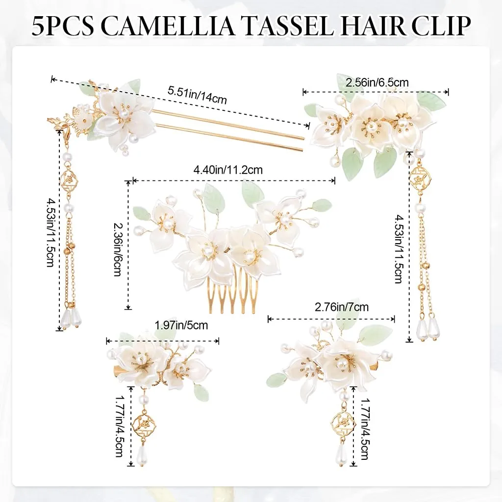 Camellia Flower Tassel Hair Pin Set Retro Bridal Headpiece 5Pcs - Image 8