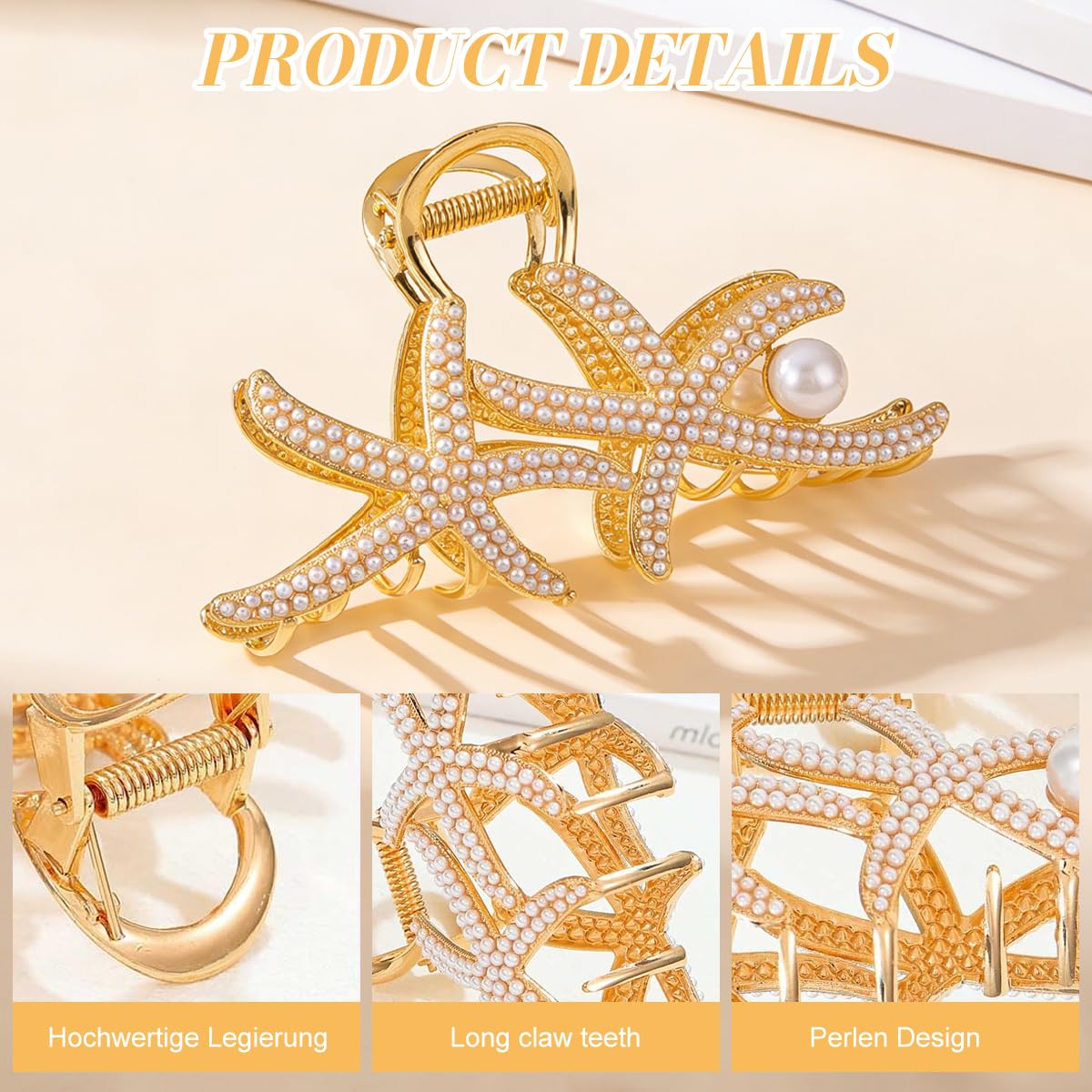Gold Metal Starfish Hair Claw Clip Rhinestone Pearl Culture - Image 6