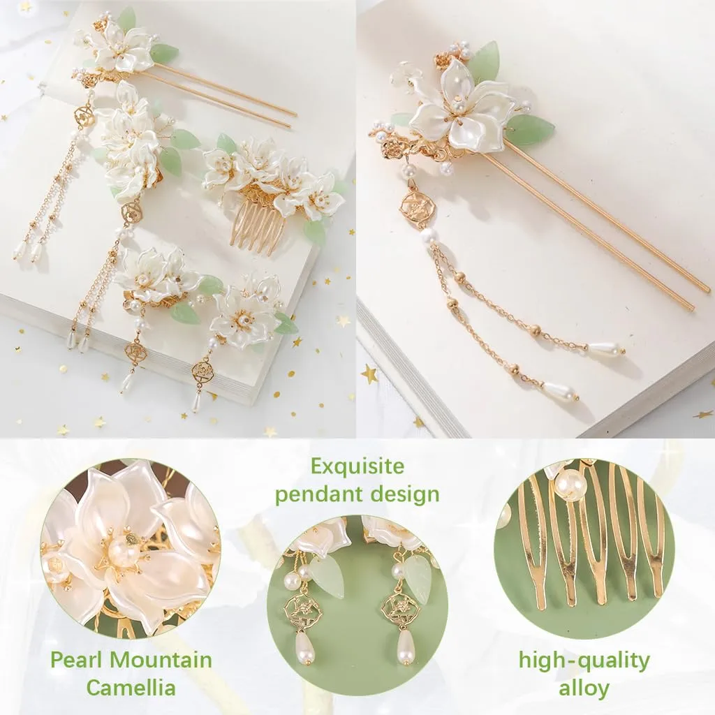 Camellia Flower Tassel Hair Pin Set Retro Bridal Headpiece 5Pcs - Image 6