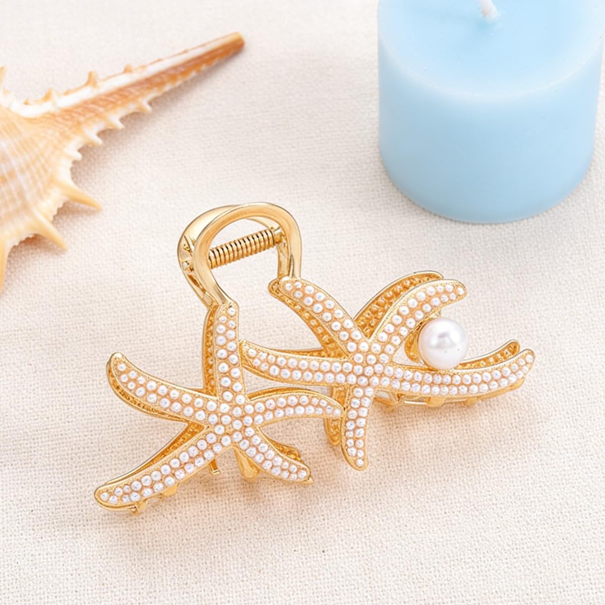 Gold Metal Starfish Hair Claw Clip Rhinestone Pearl Culture - Image 5