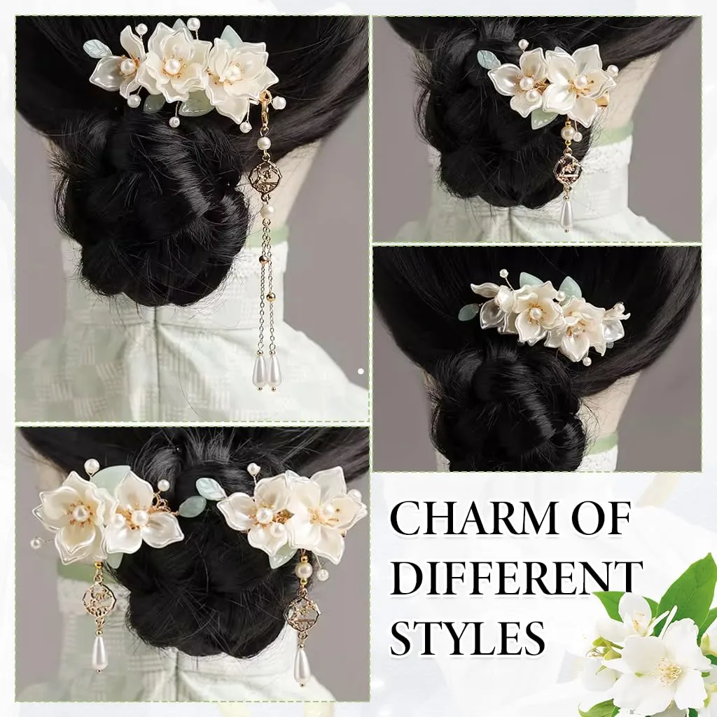 Camellia Flower Tassel Hair Pin Set Retro Bridal Headpiece 5Pcs - Image 2