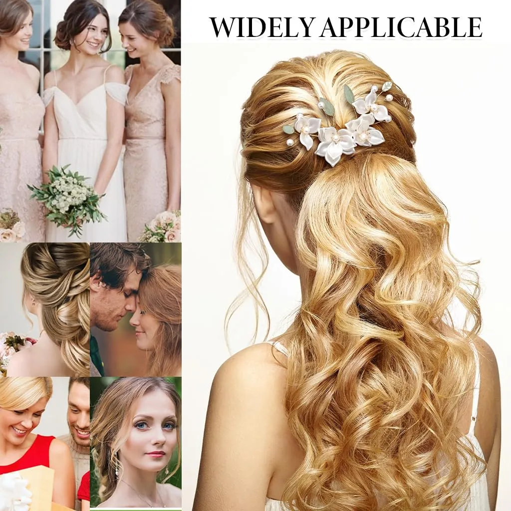 Camellia Flower Tassel Hair Pin Set in bridal updo hairstyle close up view