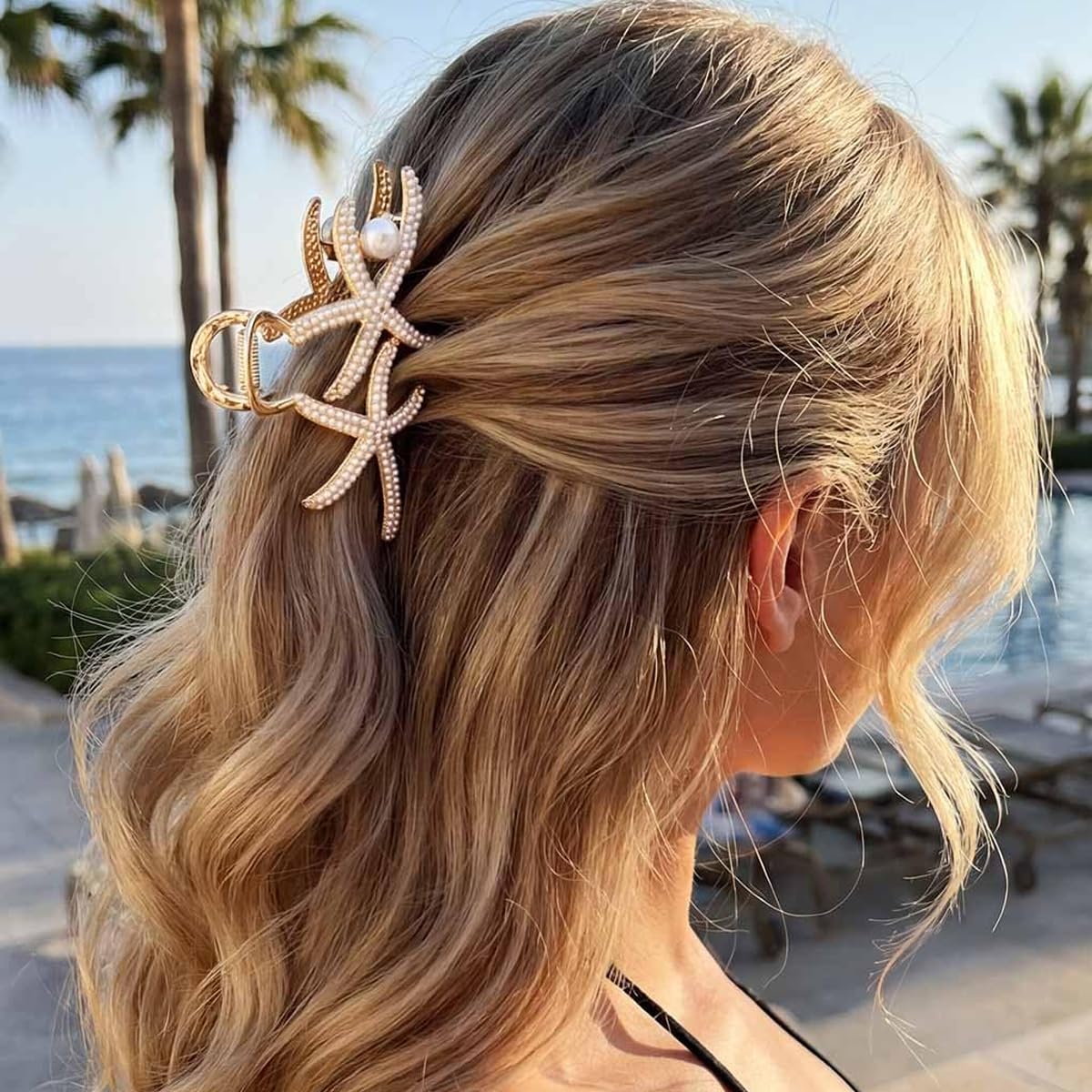 Gold Metal Starfish Hair Claw Clip Rhinestone Pearl Culture