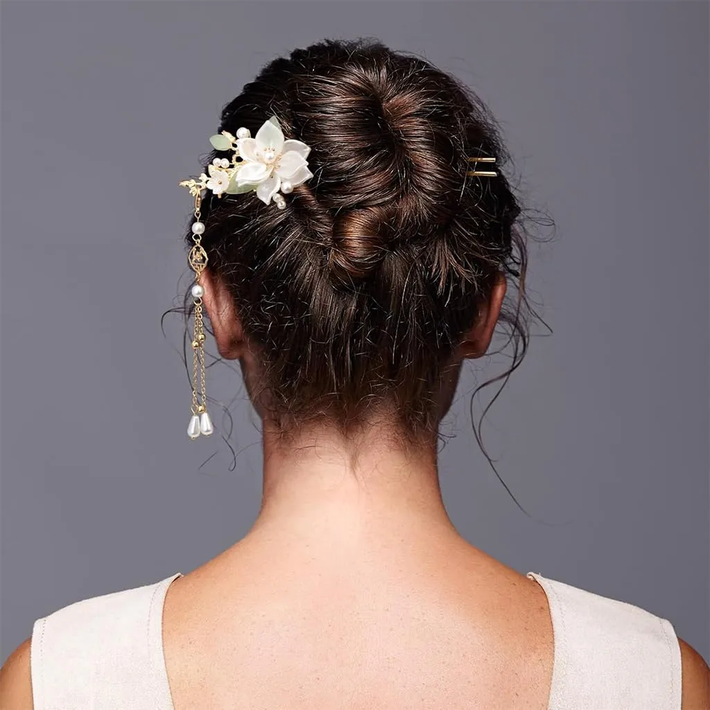 Camellia Flower Tassel Hair Pin Set Retro Bridal Headpiece 5Pcs - Image 3